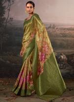 Linen Olive Green Festival Wear Floral Printed Saree